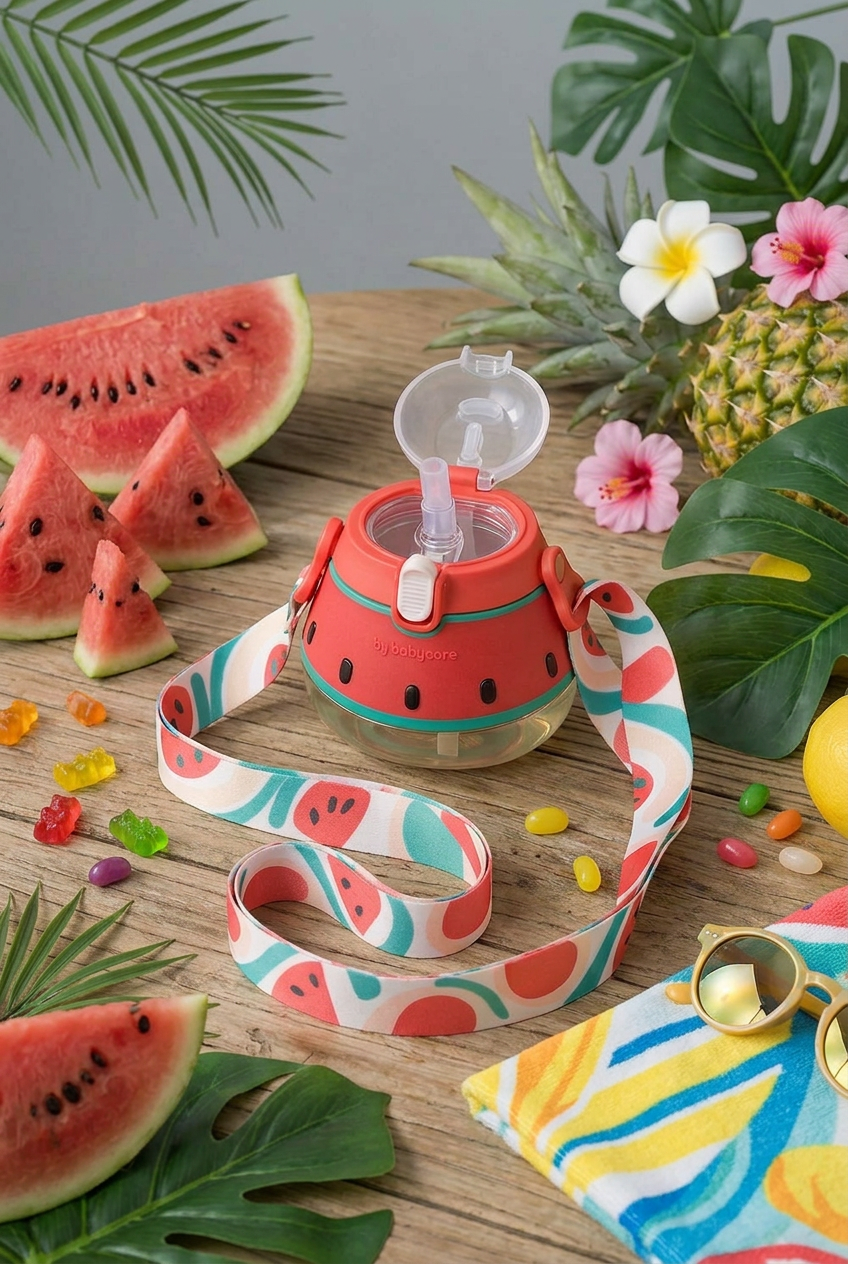 Gourde Enfant Paille Anti-Fuite — Avec Bandoulière & Fruits Design